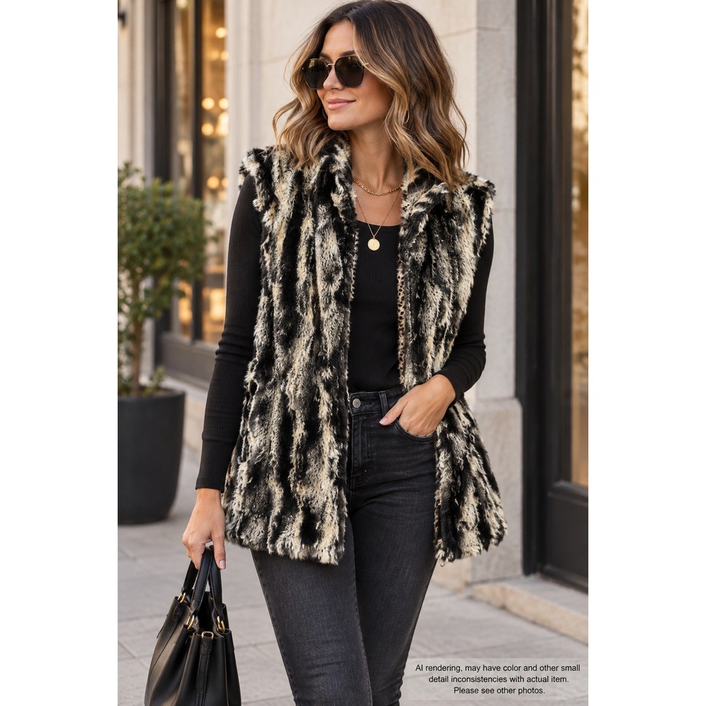 Erin London Size M Faux Fur Vest Black Cream Gray Animal Print Lining Luxe